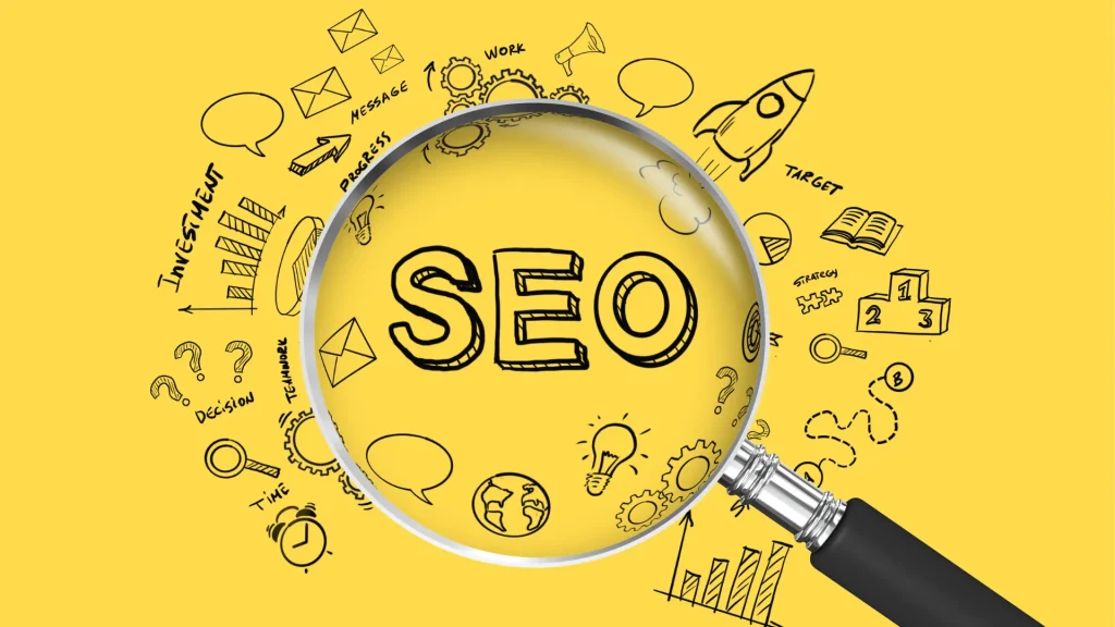 Magnifying glass focused on 'SEO' text, illustrating the importance of organic SEO Dubai for targeted online visibility