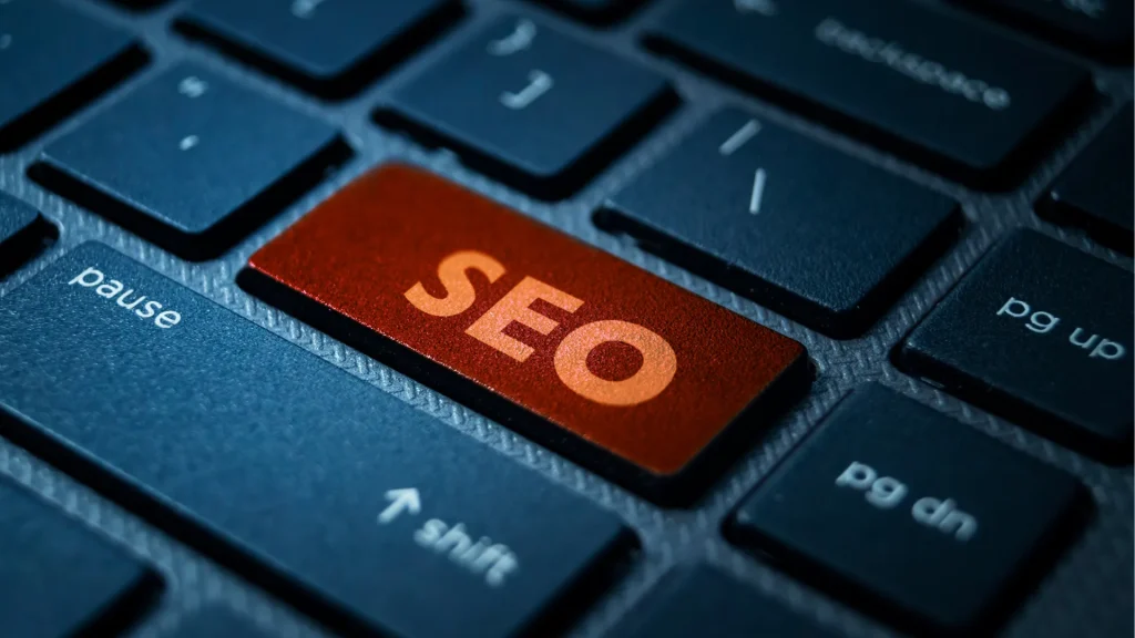 A professional in a suit demonstrating the concept of "Organic SEO London" with a glowing SEO icon in hand, symbolizing digital marketing success