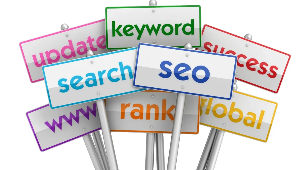 Road signs representing SEO elements such as "update", "keyword", "search", and "SEO" for organic SEO in Perth.