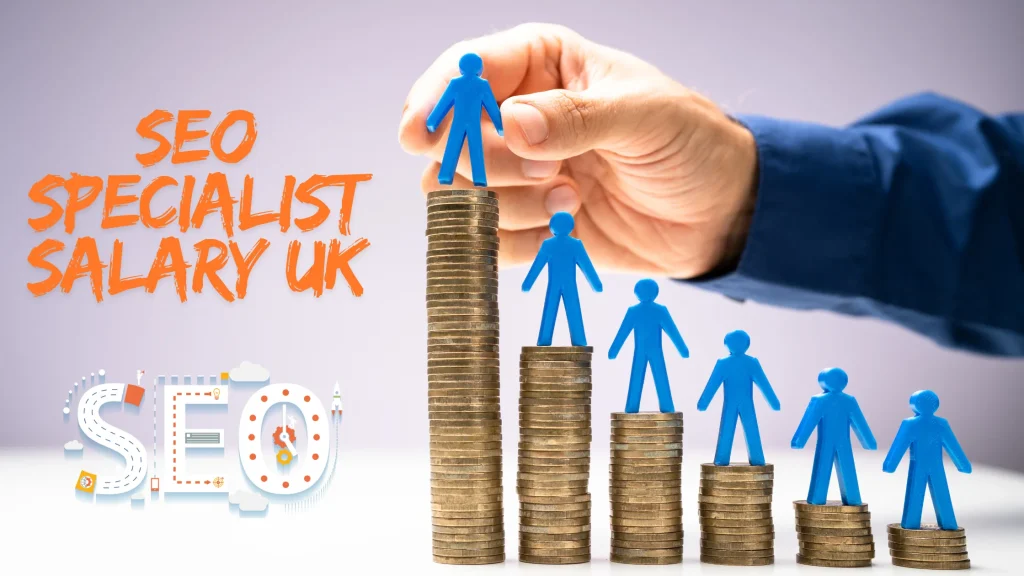 SEO Specialist Salary UK depicted with a hand stacking blue figures on coins, showcasing career progression.