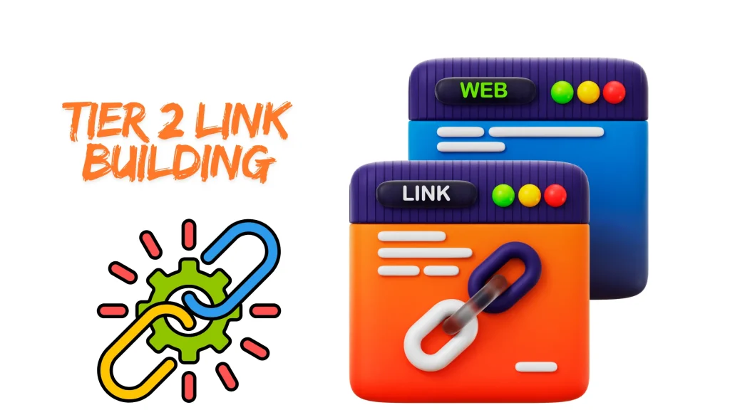 Tier 2 Link Building strategy illustrated with 3D web browser windows linked together, representing SEO hierarchy.